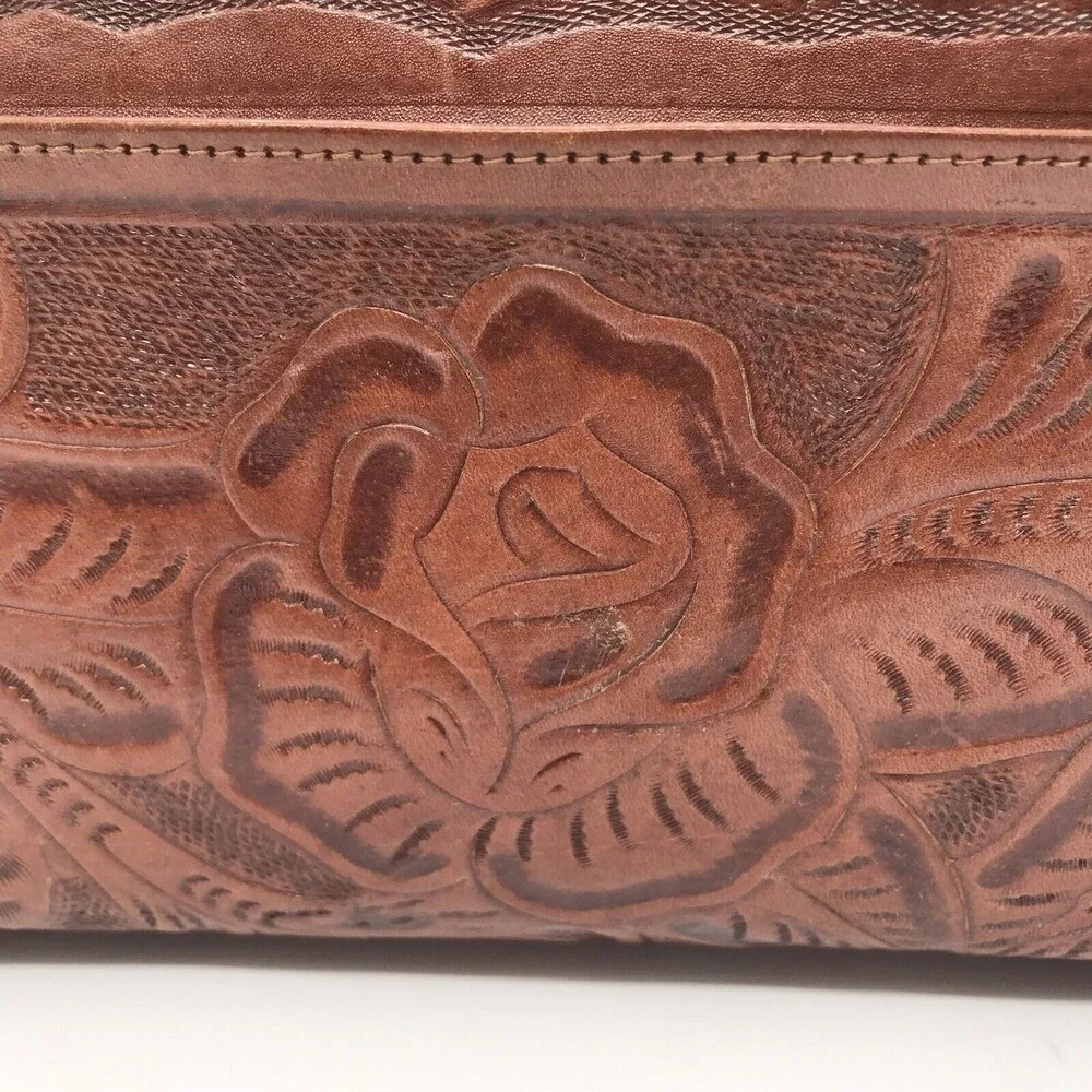 Vintage 60s Artisan Hand Tooled Carved Leather Rose & Indian Shoulder Bag Mexico
